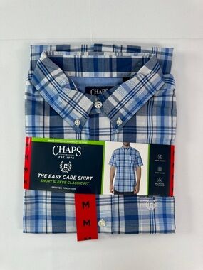 Chaps Plaid Short Sleeve Button Down Shirt Blue White Cotton Blend Size M NWT